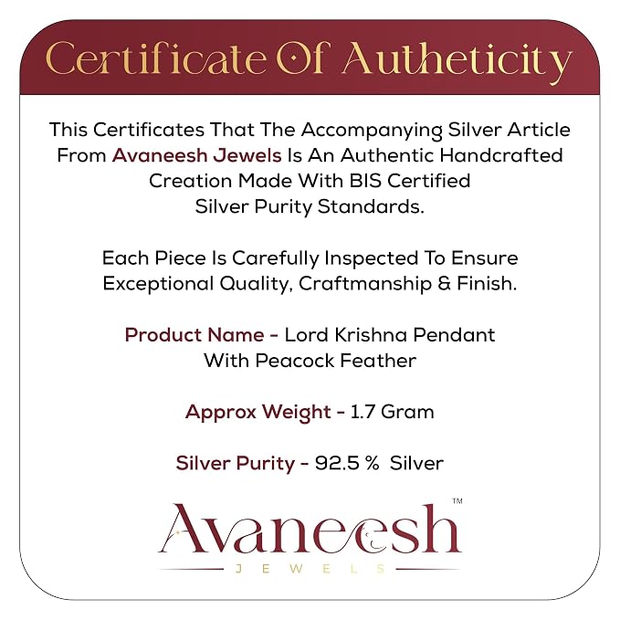 925 Silver Lord Krishna Flute with Peacock Feather Pendant for Men & Women | Spiritual Krishna Pendant | Daily Wear Silver Jewellery Gift