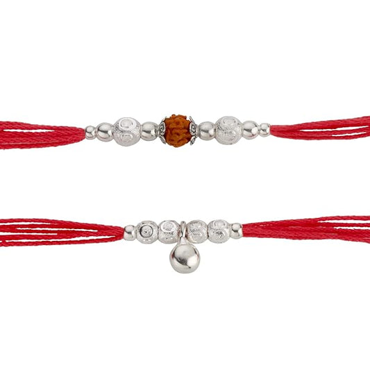 Original Silver Couple Rakhi Set for Bhai Bhabhi | Rudraksha & Silver Lumba Rakhi | Red Cotton Thread | Traditional Raksha Bandhan Gift | Combo Pack