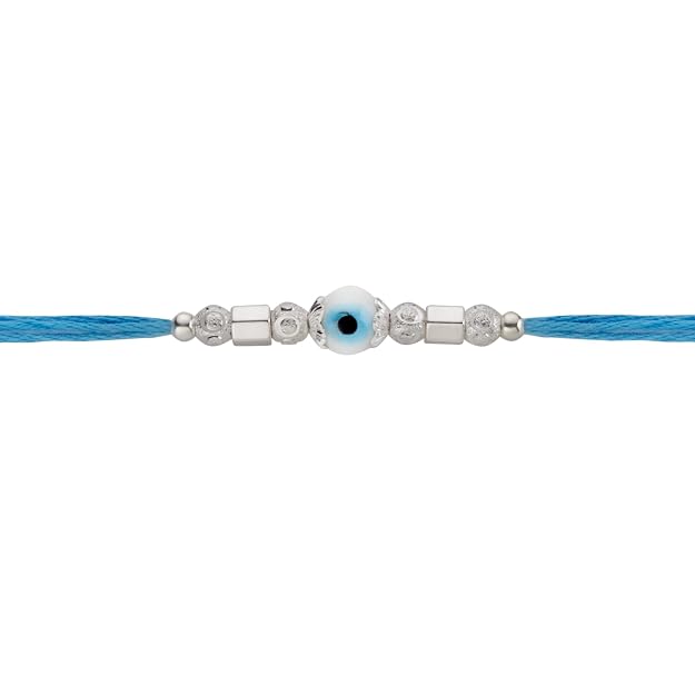 Original Silver Evil Eye Rakhi for Brother | Blue & White Multicolor Handwoven Thread | Traditional Raksha Bandhan Bracelet | Gift for Bhai
