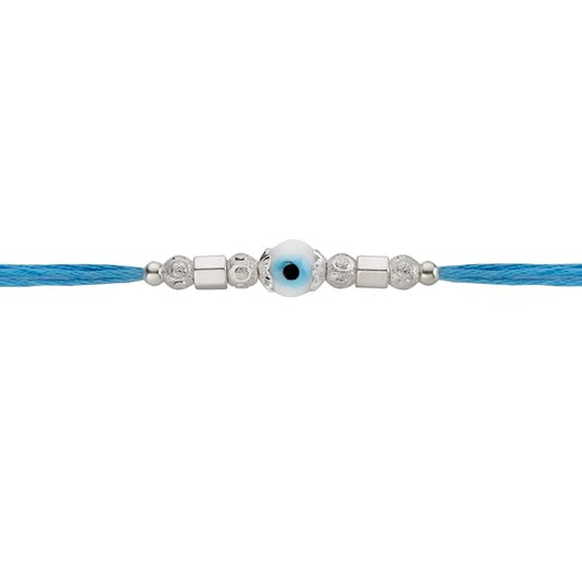 Original Silver Evil Eye Rakhi for Brother | Blue & White Multicolor Handwoven Thread | Traditional Raksha Bandhan Bracelet | Gift for Bhai