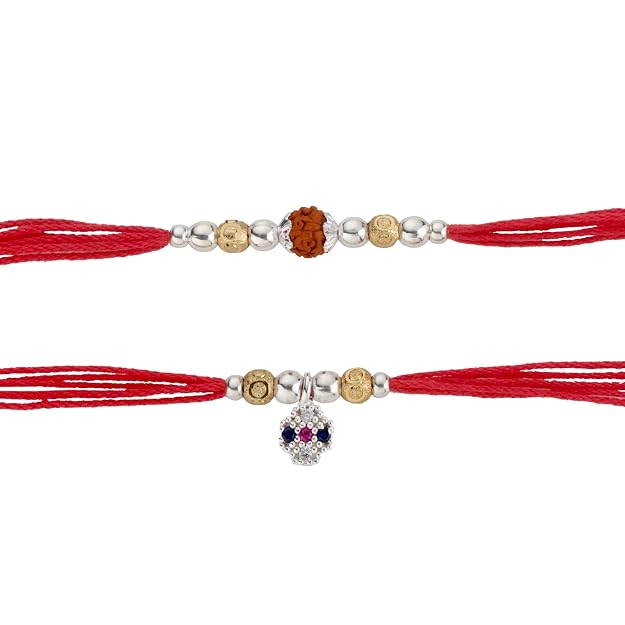 Original Silver Couple Combo Rakhi Set for Bhai & Bhabhi | Rudraksha & Lumba Rakhi | Gold Plated & Silver Beads | Handmade Raksha Bandhan Gift Set