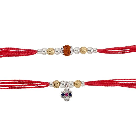 Original Silver Couple Combo Rakhi Set for Bhai & Bhabhi | Rudraksha & Lumba Rakhi | Gold Plated & Silver Beads | Handmade Raksha Bandhan Gift Set