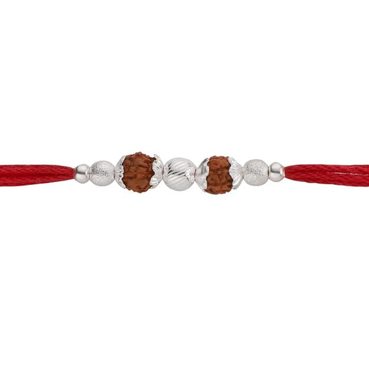 Original Silver Rudraksha Rakhi for Brother | 2 Beads | Red Handwoven Cotton Thread Rakhi | Traditional Raksha Bandhan Bracelet | Spiritual Silver Rakhi Gift