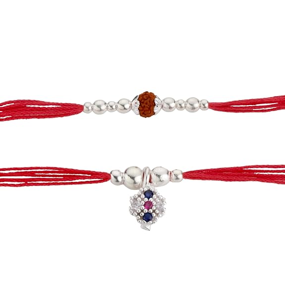 Original Silver Couple Rakhi Set for Bhai Bhabhi | Rudraksha & Silver CZ Lumba Rakhi | Red Cotton Thread | Traditional Raksha Bandhan Gift | Combo Pack