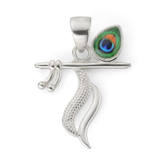 925 Silver Lord Krishna Flute with Peacock Feather Pendant for Men & Women | Spiritual Krishna Pendant | Daily Wear Silver Jewellery Gift