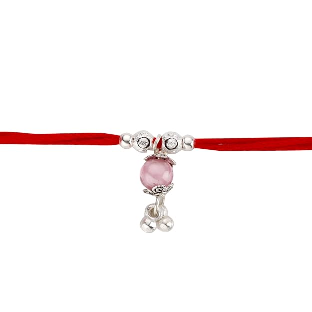 Original Silver Pink Bead Bhabhi(Lumba) Rakhi for Women | Designer Lumba Rakhi with Red Sacred Thread | Traditional Rakshabandhan Gift for Bhabhi & Sister-in-Law