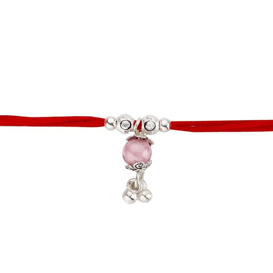 Original Silver Pink Bead Bhabhi(Lumba) Rakhi for Women | Designer Lumba Rakhi with Red Sacred Thread | Traditional Rakshabandhan Gift for Bhabhi & Sister-in-Law