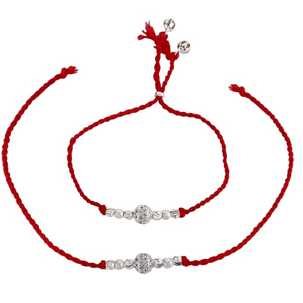 Original Silver Couple Combo Rakhi Set for Bhai & Bhabhi | Handmade Silver Rakhi and Lumba Bracelet with CZ Designer Beads | Traditional Red Cotton Thread Raksha Bandhan Gift
