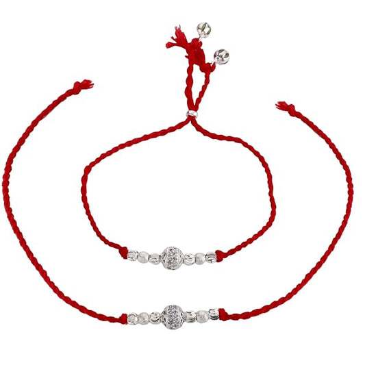 Original Silver Couple Combo Rakhi Set for Bhai & Bhabhi | Handmade Silver Rakhi and Lumba Bracelet with CZ Designer Beads | Traditional Red Cotton Thread Raksha Bandhan Gift