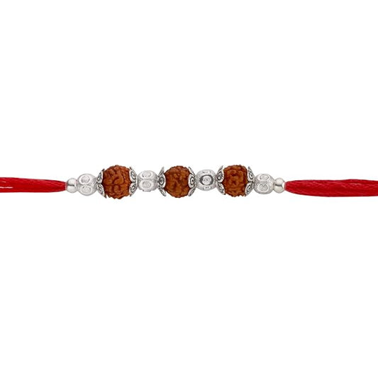 Original Silver Rudraksha Rakhi for Brother | 3 Beads | Red Handwoven Cotton Thread Rakhi | Traditional Raksha Bandhan Bracelet | Spiritual Silver Rakhi Gift
