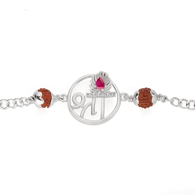 925 Silver Shree with Rudraksh Rakhi Bracelet for Men | Adjustable Silver Chain Bracelet | Spiritual Raksha Bandhan Gift | Designer Religious Bracelet with Rudraksh Beads