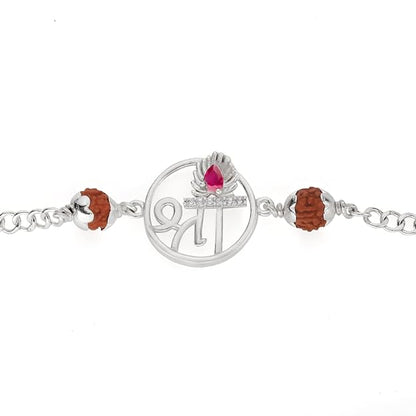 925 Silver Shree with Rudraksh Rakhi Bracelet for Men | Adjustable Silver Chain Bracelet | Spiritual Raksha Bandhan Gift | Designer Religious Bracelet with Rudraksh Beads