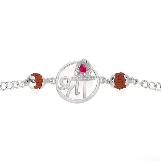 925 Silver Shree with Rudraksh Rakhi Bracelet for Men | Adjustable Silver Chain Bracelet | Spiritual Raksha Bandhan Gift | Designer Religious Bracelet with Rudraksh Beads