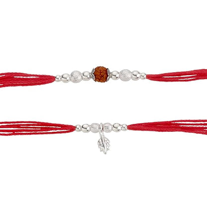 Original Silver Couple Rakhi Set for Bhai Bhabhi | Rudraksha & Silver Lumba Rakhi | Red Cotton Thread | Traditional Raksha Bandhan Gift | Combo Pack