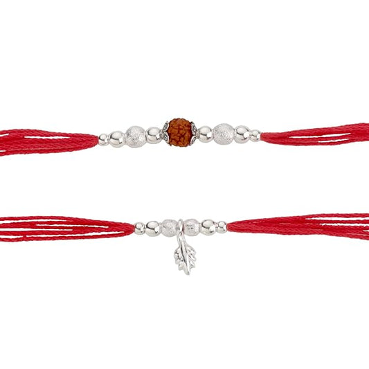 Original Silver Couple Rakhi Set for Bhai Bhabhi | Rudraksha & Silver Lumba Rakhi | Red Cotton Thread | Traditional Raksha Bandhan Gift | Combo Pack