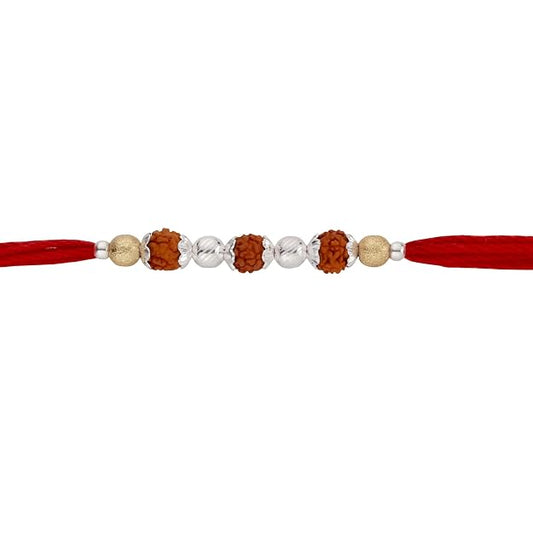 Original Silver 3 Rudraksha Rakhi for Brother | Traditional Red Cotton Thread with Gold Plated Balls & Silver Beads | Spiritual Raksha Bandhan Handmade Rakhi for Men & Boys