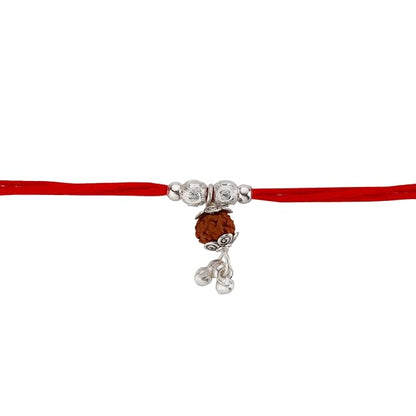Original Silver Rudraksha Bhabhi(Lumba) Rakhi for Women | Designer Bead Cap & Dangle Lumba Rakhi with Red Sacred Thread | Traditional Rakshabandhan Gift for Bhabhi & Sister-in-Law
