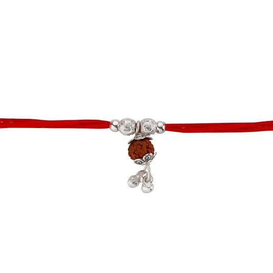Original Silver Rudraksha Bhabhi(Lumba) Rakhi for Women | Designer Bead Cap & Dangle Lumba Rakhi with Red Sacred Thread | Traditional Rakshabandhan Gift for Bhabhi & Sister-in-Law