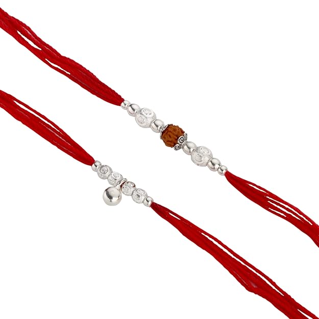 Original Silver Couple Rakhi Set for Bhai Bhabhi | Rudraksha & Silver Lumba Rakhi | Red Cotton Thread | Traditional Raksha Bandhan Gift | Combo Pack