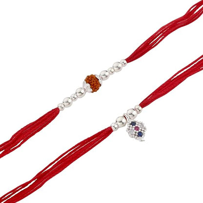 Original Silver Couple Rakhi Set for Bhai Bhabhi | Rudraksha & Silver CZ Lumba Rakhi | Red Cotton Thread | Traditional Raksha Bandhan Gift | Combo Pack