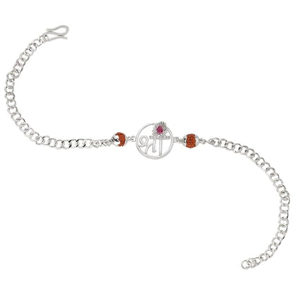 925 Silver Shree with Rudraksh Rakhi Bracelet for Men | Adjustable Silver Chain Bracelet | Spiritual Raksha Bandhan Gift | Designer Religious Bracelet with Rudraksh Beads