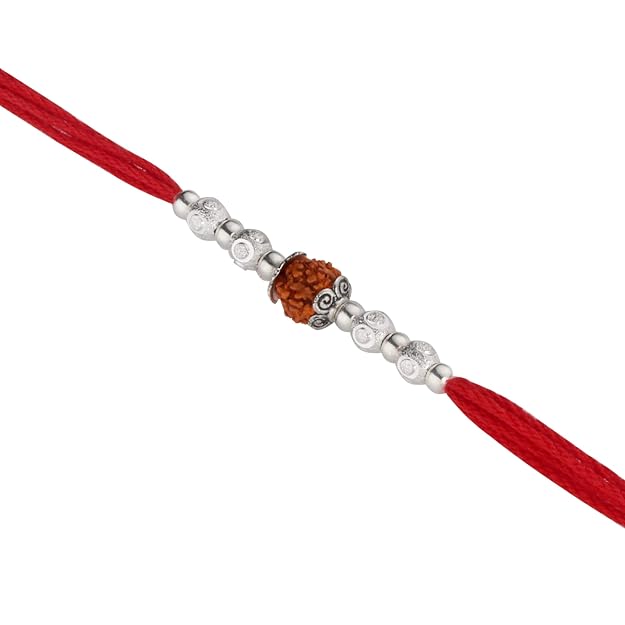 Original Silver Rudraksha Rakhi for Brother | Red Handwoven Cotton Thread Rakhi | Traditional Raksha Bandhan Bracelet | Spiritual Silver Rakhi Gift