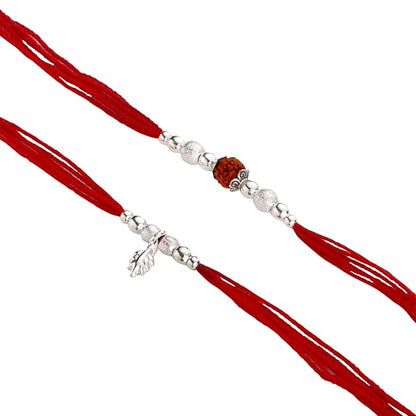 Original Silver Couple Rakhi Set for Bhai Bhabhi | Rudraksha & Silver Lumba Rakhi | Red Cotton Thread | Traditional Raksha Bandhan Gift | Combo Pack