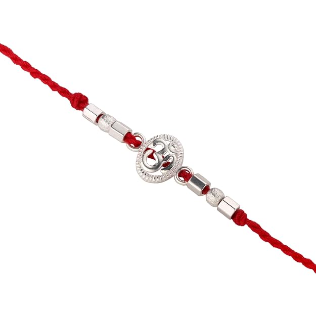 Original Silver Om Rakhi for Brother | Red Handwoven Cotton Thread Rakhi | Traditional Raksha Bandhan Bracelet | Spiritual Silver Rakhi Gift