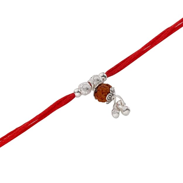 Original Silver Rudraksha Bhabhi(Lumba) Rakhi for Women | Designer Bead Cap & Dangle Lumba Rakhi with Red Sacred Thread | Traditional Rakshabandhan Gift for Bhabhi & Sister-in-Law