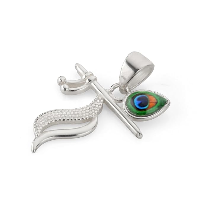 925 Silver Lord Krishna Flute with Peacock Feather Pendant for Men & Women | Spiritual Krishna Pendant | Daily Wear Silver Jewellery Gift