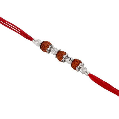 Original Silver Rudraksha Rakhi for Brother | 3 Beads | Red Handwoven Cotton Thread Rakhi | Traditional Raksha Bandhan Bracelet | Spiritual Silver Rakhi Gift