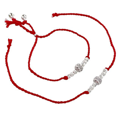 Original Silver Couple Combo Rakhi Set for Bhai & Bhabhi | Handmade Silver Rakhi and Lumba Bracelet with CZ Designer Beads | Traditional Red Cotton Thread Raksha Bandhan Gift