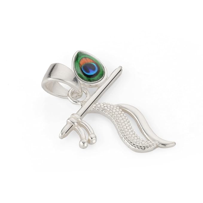925 Silver Lord Krishna Flute with Peacock Feather Pendant for Men & Women | Spiritual Krishna Pendant | Daily Wear Silver Jewellery Gift