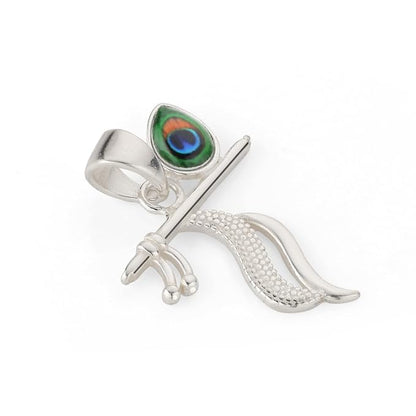 925 Silver Lord Krishna Flute with Peacock Feather Pendant for Men & Women | Spiritual Krishna Pendant | Daily Wear Silver Jewellery Gift