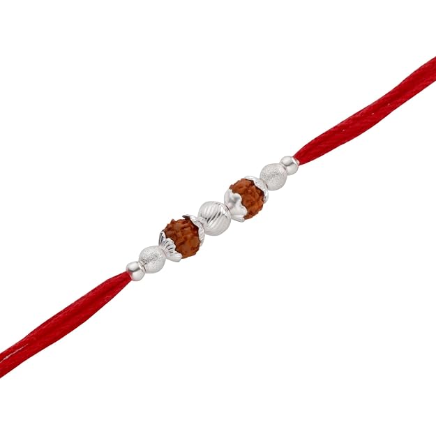 Original Silver Rudraksha Rakhi for Brother | 2 Beads | Red Handwoven Cotton Thread Rakhi | Traditional Raksha Bandhan Bracelet | Spiritual Silver Rakhi Gift