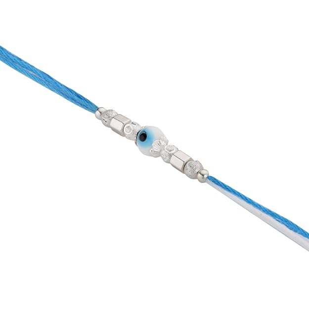 Original Silver Evil Eye Rakhi for Brother | Blue & White Multicolor Handwoven Thread | Traditional Raksha Bandhan Bracelet | Gift for Bhai