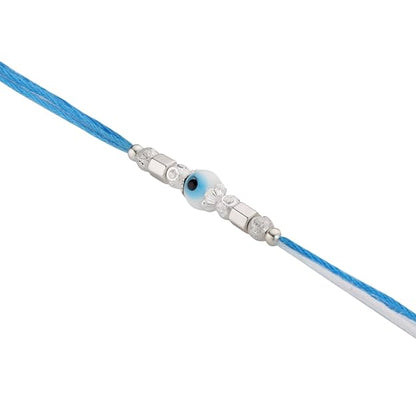 Original Silver Evil Eye Rakhi for Brother | Blue & White Multicolor Handwoven Thread | Traditional Raksha Bandhan Bracelet | Gift for Bhai