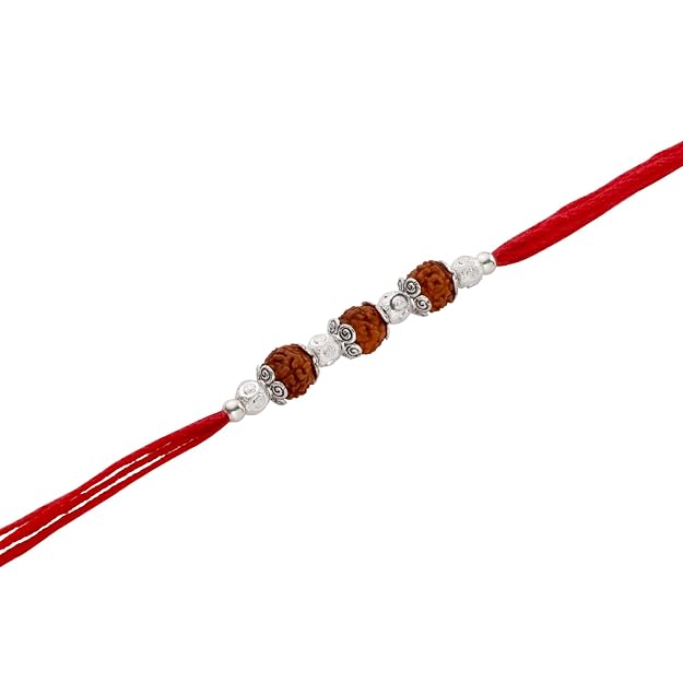Original Silver Rudraksha Rakhi for Brother | 3 Beads | Red Handwoven Cotton Thread Rakhi | Traditional Raksha Bandhan Bracelet | Spiritual Silver Rakhi Gift