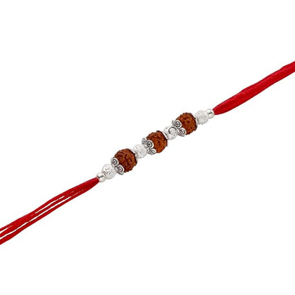 Original Silver Rudraksha Rakhi for Brother | 3 Beads | Red Handwoven Cotton Thread Rakhi | Traditional Raksha Bandhan Bracelet | Spiritual Silver Rakhi Gift