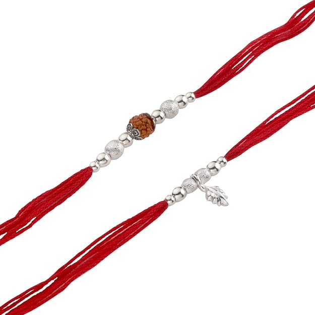 Original Silver Couple Rakhi Set for Bhai Bhabhi | Rudraksha & Silver Lumba Rakhi | Red Cotton Thread | Traditional Raksha Bandhan Gift | Combo Pack