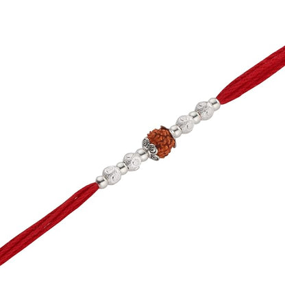 Original Silver Rudraksha Rakhi for Brother | Red Handwoven Cotton Thread Rakhi | Traditional Raksha Bandhan Bracelet | Spiritual Silver Rakhi Gift