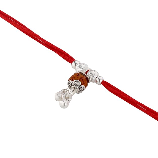 Original Silver Rudraksha Bhabhi(Lumba) Rakhi for Women | Designer Bead Cap & Dangle Lumba Rakhi with Red Sacred Thread | Traditional Rakshabandhan Gift for Bhabhi & Sister-in-Law