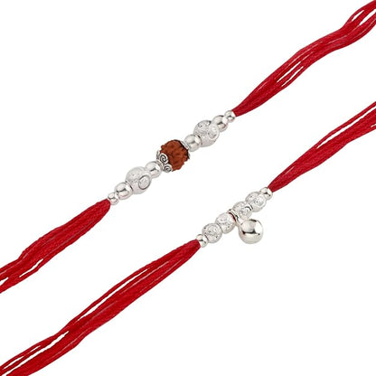 Original Silver Couple Rakhi Set for Bhai Bhabhi | Rudraksha & Silver Lumba Rakhi | Red Cotton Thread | Traditional Raksha Bandhan Gift | Combo Pack