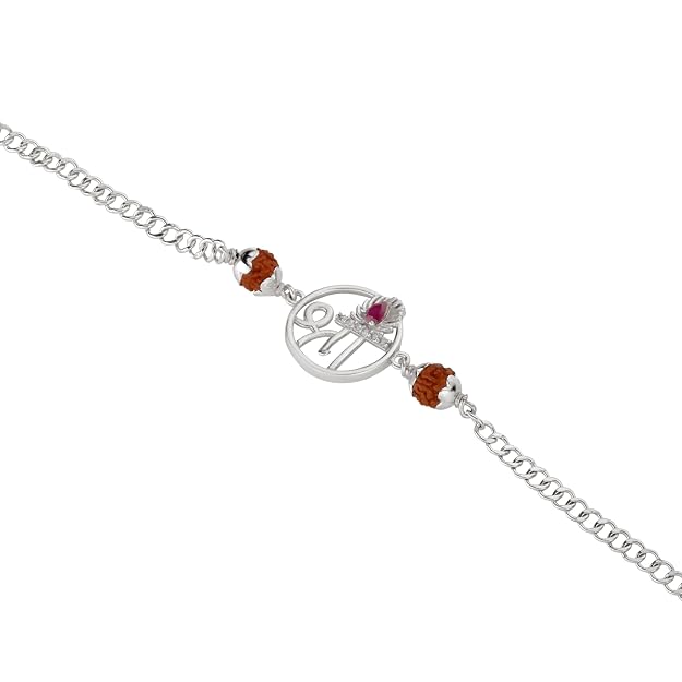 925 Silver Shree with Rudraksh Rakhi Bracelet for Men | Adjustable Silver Chain Bracelet | Spiritual Raksha Bandhan Gift | Designer Religious Bracelet with Rudraksh Beads