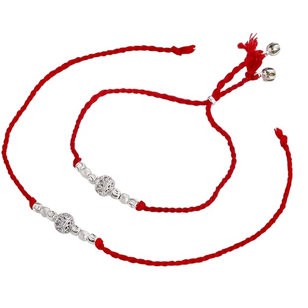 Original Silver Couple Combo Rakhi Set for Bhai & Bhabhi | Handmade Silver Rakhi and Lumba Bracelet with CZ Designer Beads | Traditional Red Cotton Thread Raksha Bandhan Gift