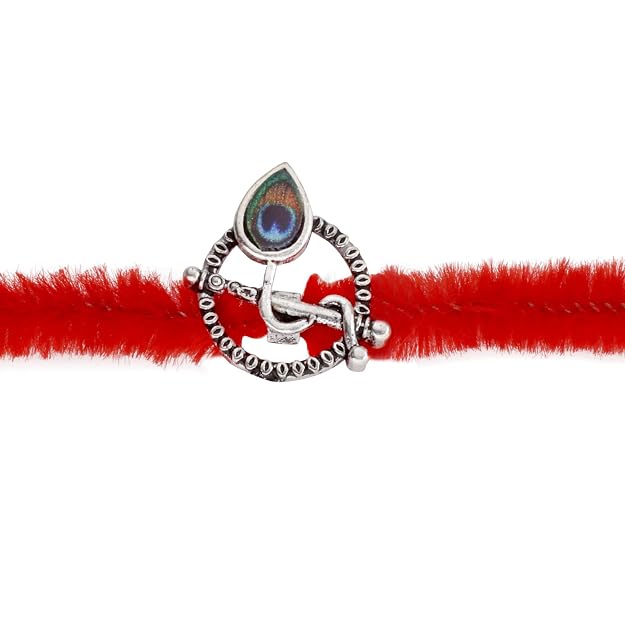 Original Silver Rakhi for Brother | Traditional Designer Raksha Bandhan Bracelet | Premium Soft Furry Wired Red Thread | Adjustable Steel Spring Lock | Festive Gift for Men & Boys