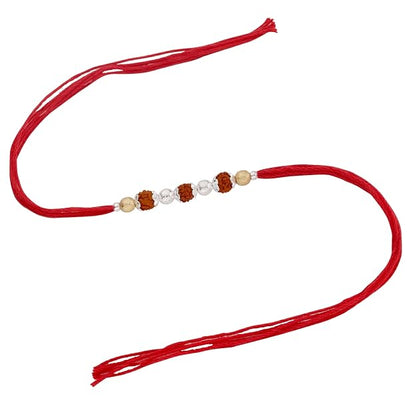 Original Silver 3 Rudraksha Rakhi for Brother | Traditional Red Cotton Thread with Gold Plated Balls & Silver Beads | Spiritual Raksha Bandhan Handmade Rakhi for Men & Boys
