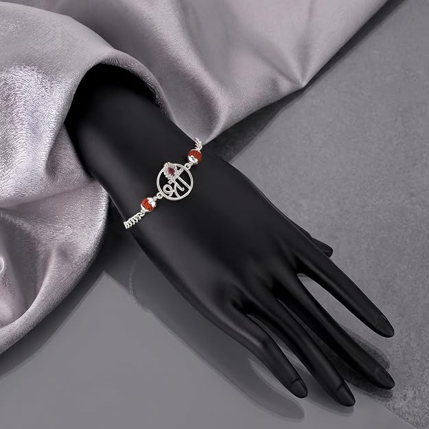 925 Silver Shree with Rudraksh Rakhi Bracelet for Men | Adjustable Silver Chain Bracelet | Spiritual Raksha Bandhan Gift | Designer Religious Bracelet with Rudraksh Beads