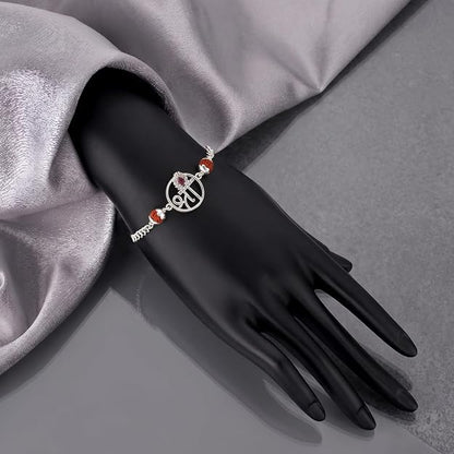 925 Silver Shree with Rudraksh Rakhi Bracelet for Men | Adjustable Silver Chain Bracelet | Spiritual Raksha Bandhan Gift | Designer Religious Bracelet with Rudraksh Beads
