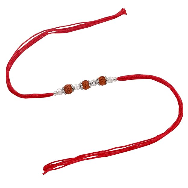 Original Silver Rudraksha Rakhi for Brother | 3 Beads | Red Handwoven Cotton Thread Rakhi | Traditional Raksha Bandhan Bracelet | Spiritual Silver Rakhi Gift